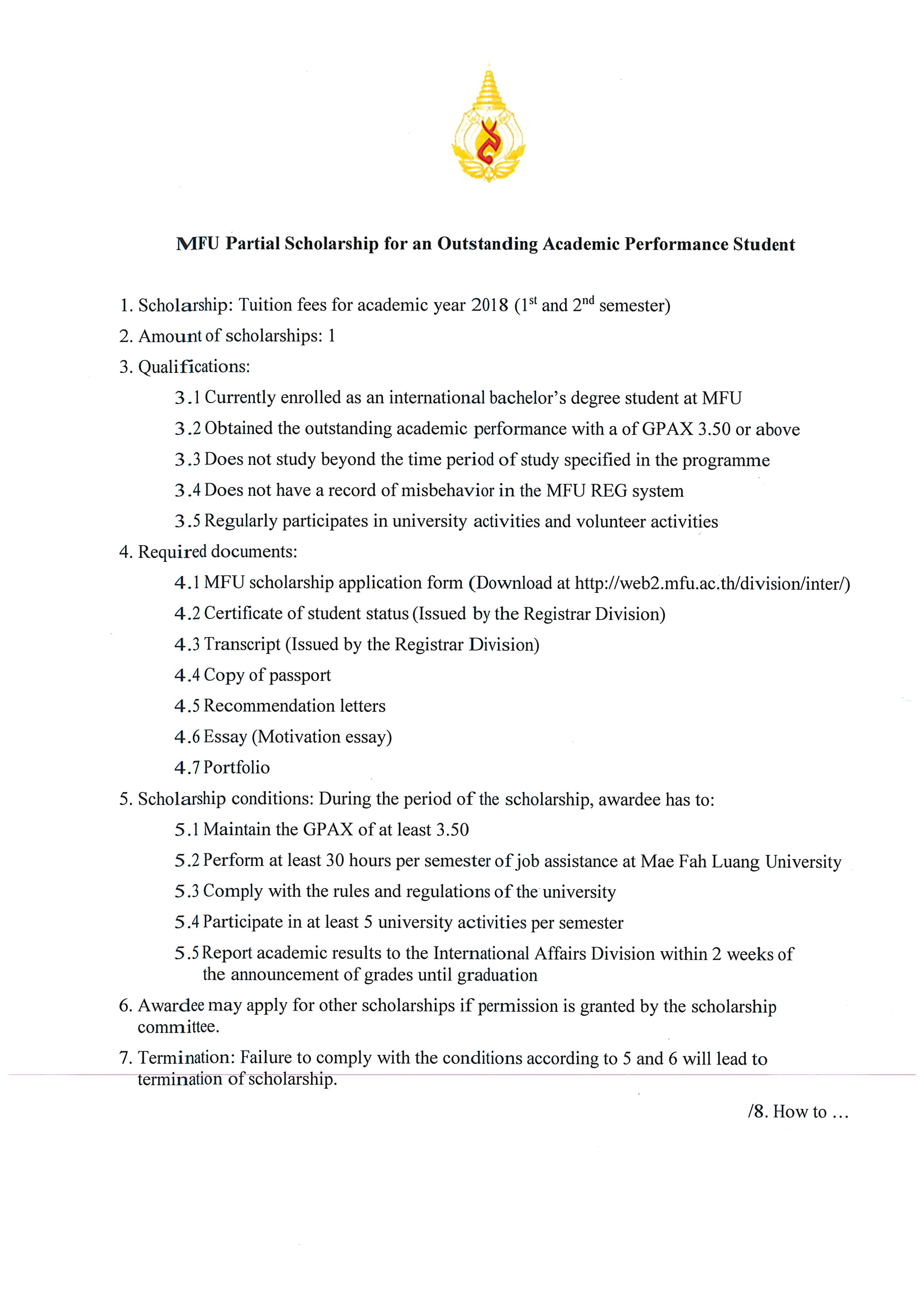 MFU Partial Scholarship for an Outstanding Academic Performance Student